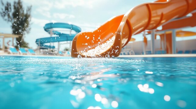 A water park with a blue and orange slide