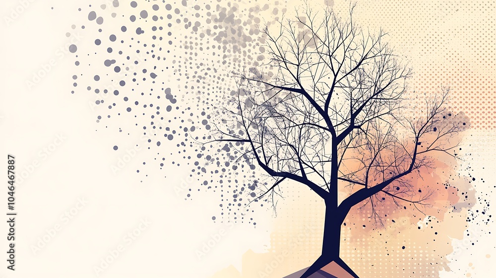 Poster Abstract art with a bare tree and a background of dots and watercolor.