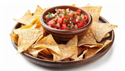 Nachos and salsa on white background