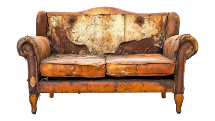 Old, weathered couch showing signs of wear and tear, highlighting its rustic charm and vintage aesthetic in a neutral setting.