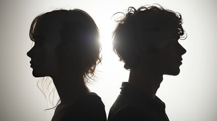Fototapeta premium Upset couple's silhouettes in profile, facing opposite directions, dim lighting, stark white background, symbolic of relationship breakdown, somber mood