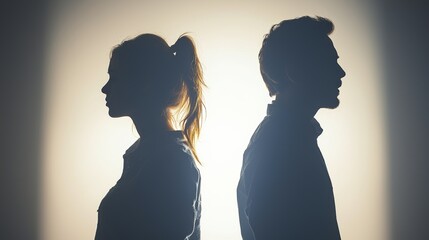 Upset couple's silhouettes in profile, facing opposite directions, dim lighting, stark white background, symbolic of relationship breakdown, somber mood