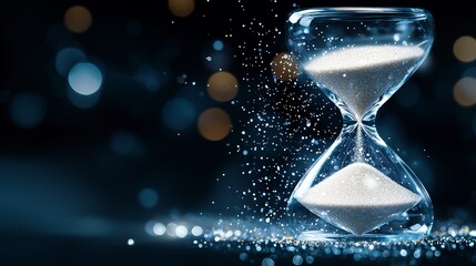 Vanishing hourglass with the last grains of sand falling, dark and moody backdrop symbolizing time slipping away