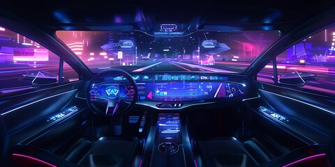 View of a futuristic car dashboard concept with hologram screens and infotainment system