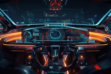 View of a futuristic car dashboard concept with hologram screens and infotainment system
