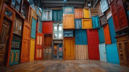 Wide-angle shot of a room packed with colorful doors of varying sizes and styles, evoking the complexity of decision-making