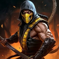 Scorpion from Mortal Kombat 11 in a dynamic pose, set against a striking, fiery background.