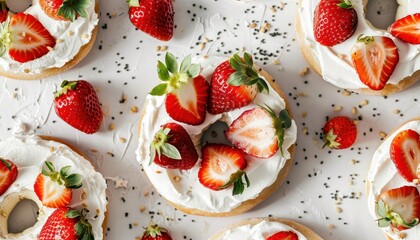 Organic strawberries and cream cheese on plain bagel presented flat