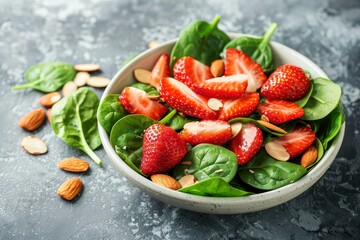Organic strawberry spinach and almond salad Healthy spring summer dish with farm fresh ingredients Ample space for copying