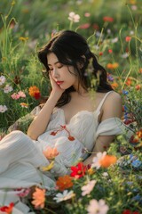 Naklejka premium Blissful Asian Woman Picnicking in Wildflowers