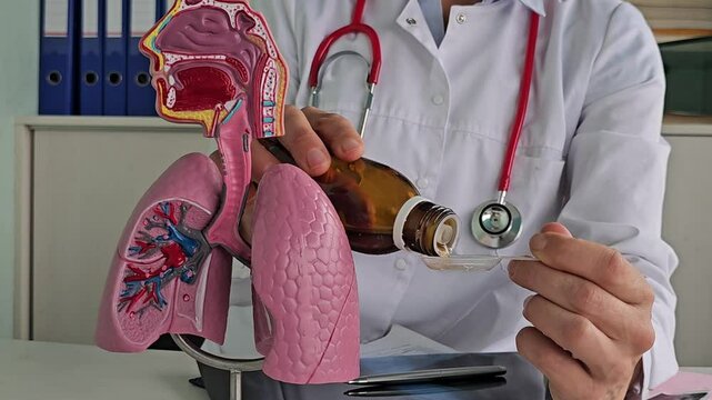 Doctor and medicines cough syrup and for lungs. Expectorants for sputum removal.