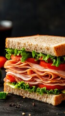 Wholesome deli sandwich stacked high with savory meats and fresh veggies, perfect for a hearty meal.