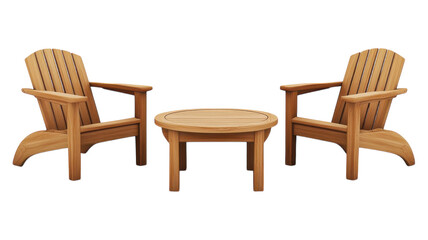 Cozy wooden lounge chairs and round table arranged for outdoor relaxation in a sunlit setting.