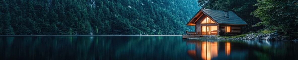 Fototapeta premium A cozy cabin nestled by a tranquil lake surrounded by mountains, evoking a serene atmosphere perfect for relaxation and escape into nature.