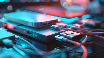 Sleek USB hub with multiple ports connected to various devices, showcasing modern design and functionality in a tech-focused setup.