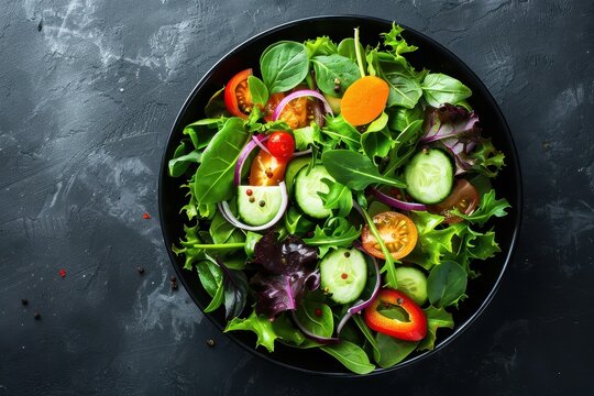 Overhead view of garden salad in black bowl