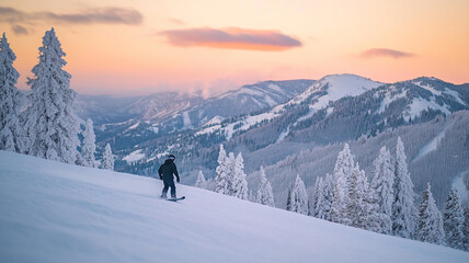 Snowboarder gliding down a snowy mountain slope at sunset in a scenic winter landscape