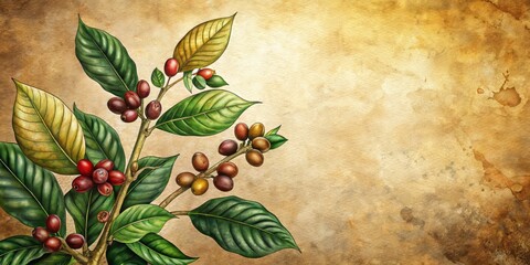 Hand-Drawn Coffee Plant Illustration with Leaves and Beans on Vintage Paper Background - Low Light Photography Aesthetic for Coffee Lovers and Art Enthusiasts