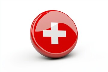 Fototapeta premium Red circular icon with a white cross symbol, shiny surface reflecting light, minimal and bold