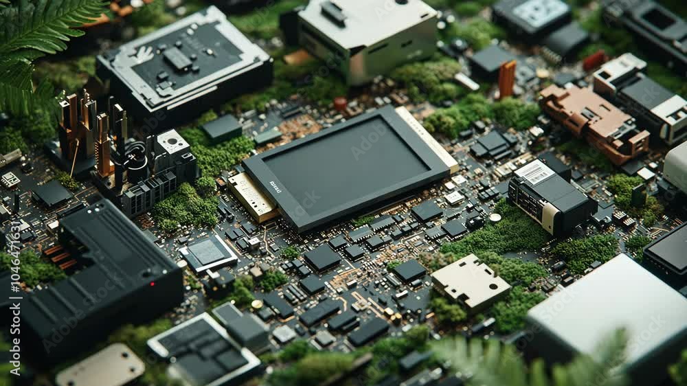 Poster a close-up of a circuit board with various components surrounded by green moss and foliage