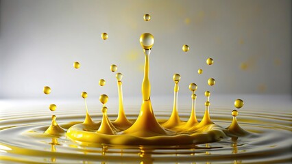 A series of yellow droplets cascade slowly, creating a rhythmic pattern on a white canvas, illustrating the enchanting beauty of fluid dynamics in art, rhythmic, clarity, creative
