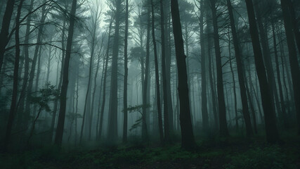 Obraz premium Mysterious Dark Forest with Fog and Shadows
