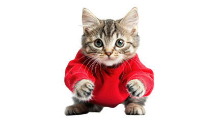 Adorable kitten wearing a bright red sweater poses playfully against a transparent background.