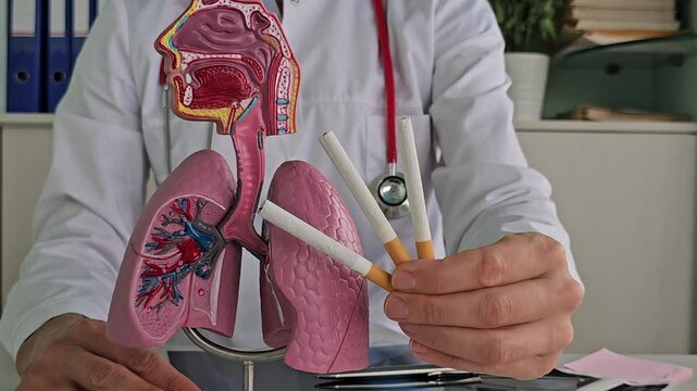 Doctor demonstrates the dangers of smoking using a model lung with cigarettes. Smoker lungs and cigarettes cause cancer and kill.