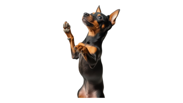 A playful dog standing on its hind legs in a bright indoor setting, showcasing its excitement and eagerness for interaction.