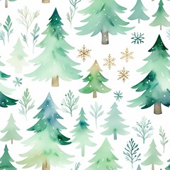 Delicate watercolor Christmas trees with subtle snowflakes on a soft pastel background, minimal design, light color palette, seamless pattern