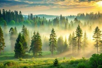 Obraz premium A serene forest landscape at dawn with a misty green background and tall trees in the foreground, outdoors, fauna, natural world, peaceful