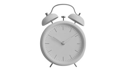 A classic alarm clock showing the time with white design and visible tick marks against a transparent background in a minimalistic style.