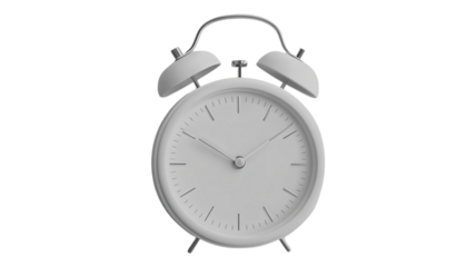 A classic alarm clock showing the time with white design and visible tick marks against a transparent background in a minimalistic style.