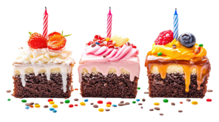 Delightful birthday cake slices with colorful toppings and candles representing a festive celebration.