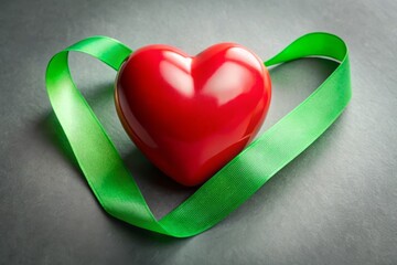 Heart Symbol for Organ Donation Awareness with Red Heart and Green Ribbon on Grey Background, Promoting Health and Generosity in Life-Saving Initiatives