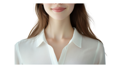 A close-up view of a woman’s neck and collar area in a white shirt against a transparent background.