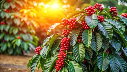 Obraz premium A mature coffee plant with large, dark green leaves and vibrant red flowers in full bloom standing alone against a warm sunny background, flowers, nature, foliage