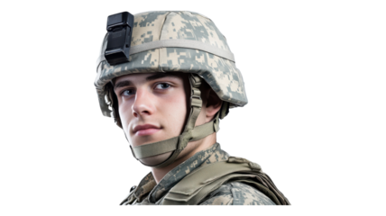 A young soldier in military uniform with a helmet, looking confidently towards the camera in a neutral background.