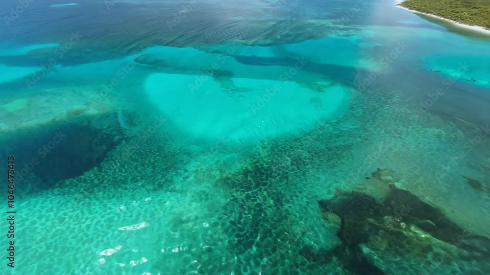 Poster camera movement and effects: fly-through, high speed video of crystal-clear lagoons with gradients o