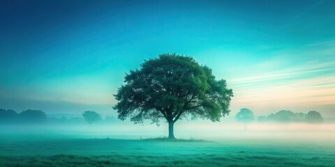 Obraz premium A majestic tree standing alone on a misty morning with teal tones in the background, nature, peacefulness, foliage, serene atmosphere