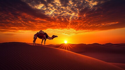 A camel stands against a stunning desert sunset, capturing the beauty of nature.