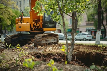 Planting a tree in an old park using a crane truck on a sunny spring day