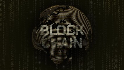 Blockchain text over digital globe with data matrix background
