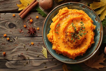 Plate of mashed sweet potatoes on wood table