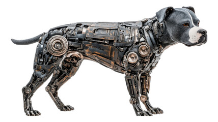 A robotic dog figure showcases intricate mechanical details and lifelike features, blending...