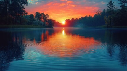 Fototapeta premium Serene sunset reflecting on a calm lake surrounded by trees.