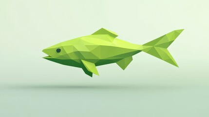 A stylized, low-poly green fish swimming in a minimalist environment.