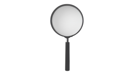 A simple black magnifying glass held upright against a transparent background.