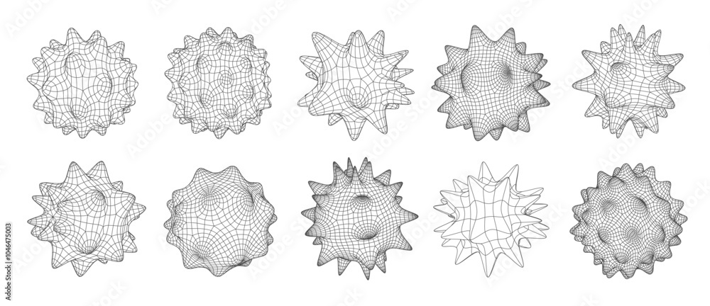 Poster 3d grid cell frames, geometric mesh figures resembling organic or cellular structures. vector set of