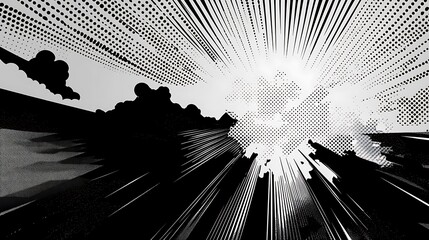 Abstract black and white comic book style background with a bright light source in the center.